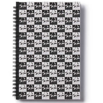 Notebook with black and white geometric pattern of The Godfather movie logo on a white background